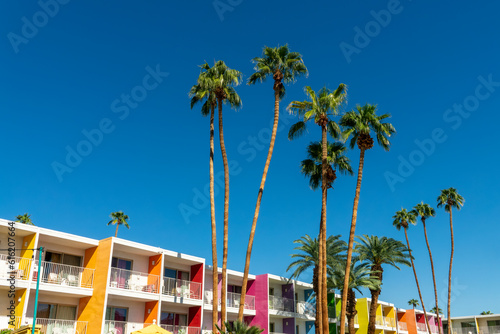 Saguaro hotel, palm trees and colorful architecture in Palm Springs, California