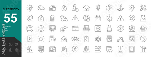 Electricity and Energy Line Editable Icons set. Vector illustration in modern thin line style of industrial icons: electric transport, electrical equipment, energy sources. Pictograms and infographic