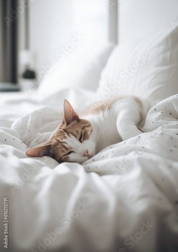 Peaceful Slumber: Cat Sleeping on White Bed Sheets. Generative AI
