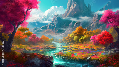 A dreamy fantasy landscape filled with vibrant pristine lush untouched nature, mountain valley, flowers and streams.