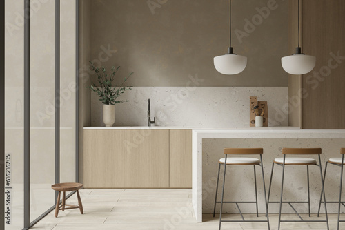 Modern scandinavian kitchen design with island and decor , 3d rendering 