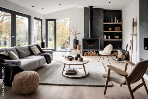 Salon moderne avec canapé, table basse, cheminée, style contemporain et scandinave, vue sur l'extérieur, automne
