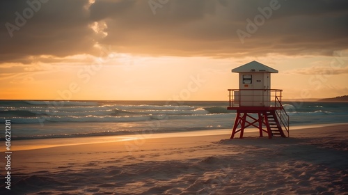 A beautiful sandy beach with evening golden hour sunset, and lifeguard tower, cloudy sky, good for background and backdrops. Summer beach. Generative AI technology.