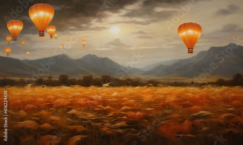  a painting of three hot air balloons in the sky above a field of grass with mountains in the distance and a cloudy sky with clouds. generative ai