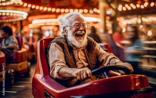 A happy elderly man laughs and has fun on a bumper car