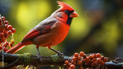 portrait of a red cardinal standing on a branch with cranberries
