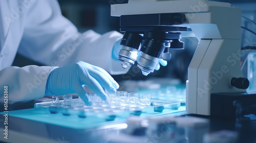 A laboratory technician makes microscopic bacteriological examination with the reagents. Work in microlaboratories