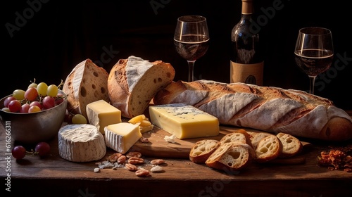 A Spread of Crusty Bread, Fine Wine, Cheese, and Grapes