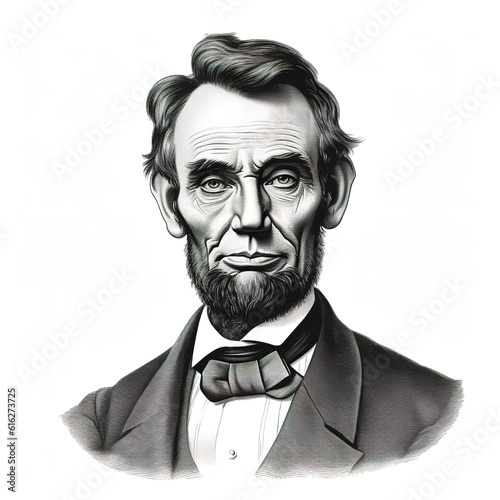 Black and white vintage engraving, headshot portrait of Abraham Lincoln wearing a suit and bowtie, serious looking expression, face straight-on, facing camera, white background - Generative AI