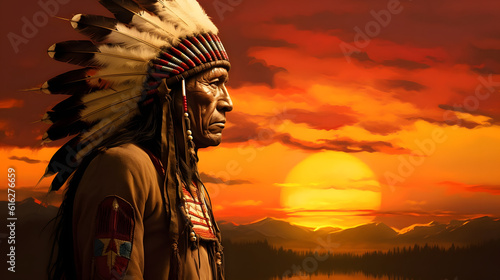 native american indian chief at sunset art,
