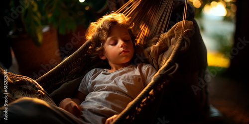 child sleeping peacefully in a hammock, his relaxed features portraying the serenity of a perfect summer day's end