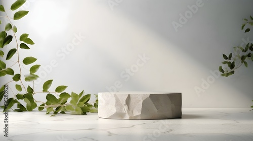 Empty stone pedestal with green leaves modern background. Product display design, mockup template. Generative AI