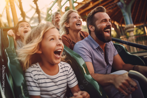 Young family having fun on a roller coaster ride at amusement park. Generative AI