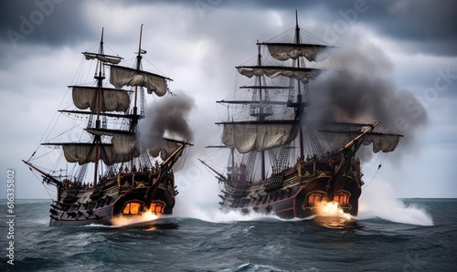 The pirate boats engage in a sea fight Creating using generative AI tools