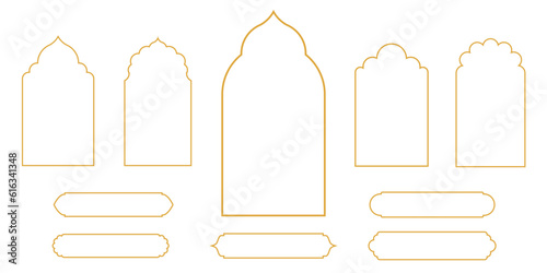 Set of oriental style arabic gold borders and frames. Collection of linear style Islamic windows, doors in boho style. Arabic minimal shape arch. Golden Design element for design. Ramadan kareem