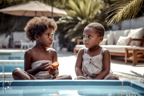 Dos niñas afroamericanas sentadas en el suelo al borde de una piscina sujetando una naranja y mirándose entre ellas. Al fondo palmeras, sillones, sombrillas y luz de verano.