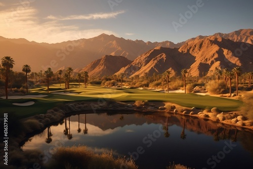 Golden Light Shines on Indian Wells Golf Resort, a Desert Oasis in Palm Springs. AI