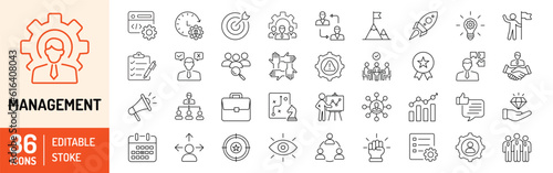 Management editable stroke outline icons set. Management, mission, growth, achievement, teamwork, strategy, creativity, goal and communication. Vector illustration
