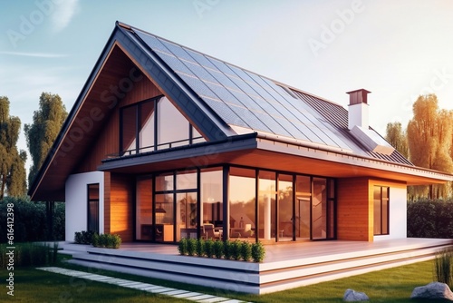 Solar photovoltaic panels on a house roof Generative AI