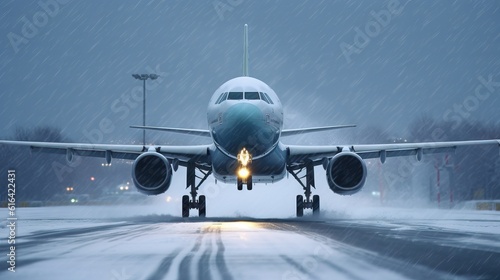 Flight landing departuring during dificult weather, snow rain during a flight, traveling all the year, security concept.