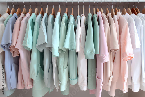 Clothes in pastel light colors hang on rack in sunlight. Delicate cute fashion pastel palette of woman's closet. Generative AI professional photo imitation.