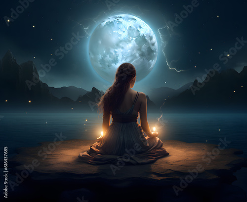 Moon ritual with yoga woman