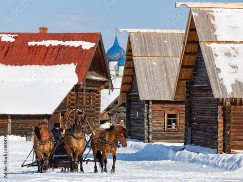 Three horses in winter Suzdal