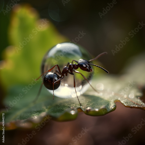 A yellow ant gracefully traverses a vibrant green leaf, while a mesmerizing bubble hovers nearby. In the background. AI generated