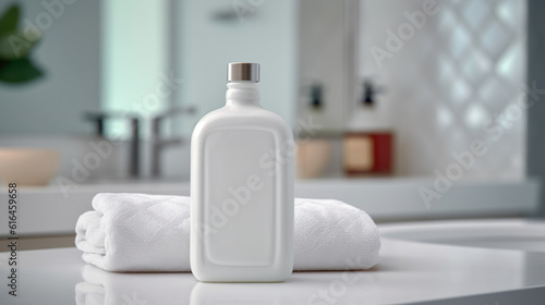 Toiletries Soap Towel Creams and Lotions. Light Elegant Modern Bathroom Interior with White Marble Tabletop Generative AI