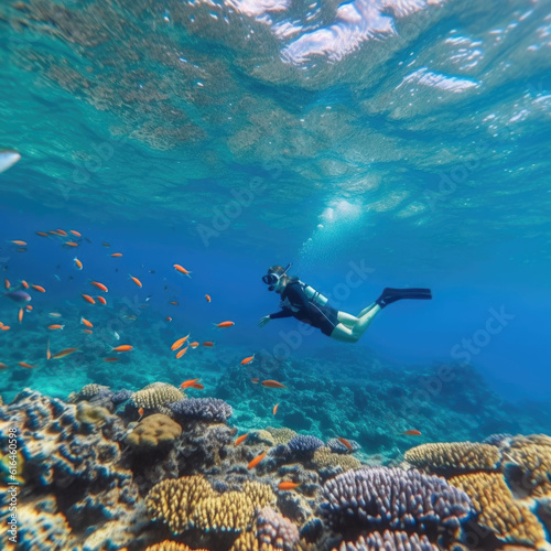 Young Man dives among corals and fishes in the ocean