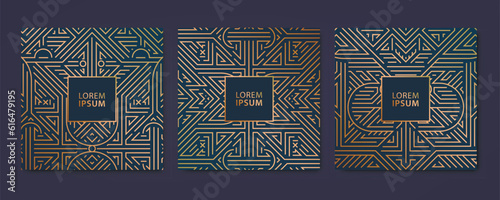 Vector set of art deco luxury patterns, geometric fancy cards, invitations, banners. Package for perfume, jewelry, wine.