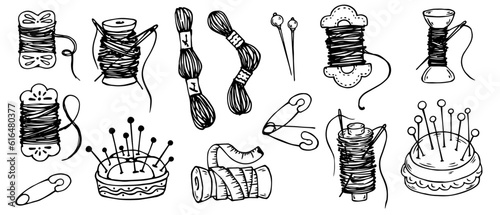Set of sketch doodles of sewing accessories, needlework and sewing tools.Vector graphics.