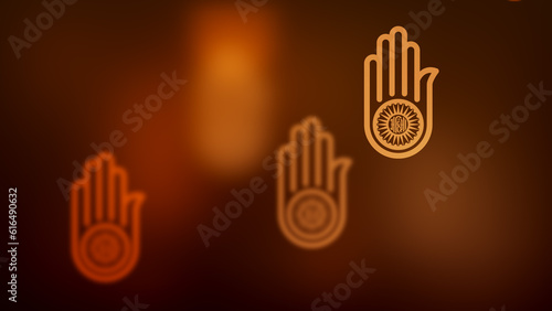 Abstract Spirituality Golden Brown Shine Blurry Focus Jain Symbol Hand With A Wheel On The Palm Shape Particles Bokeh Lights Background