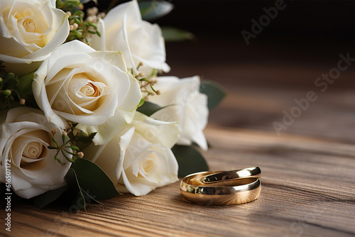 Golden wedding rings lie on wood flooring 