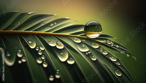 Morning dew on a green tropical leaf close-up illustration freshness of drops of water on leaves after the rain floral background of nature picture