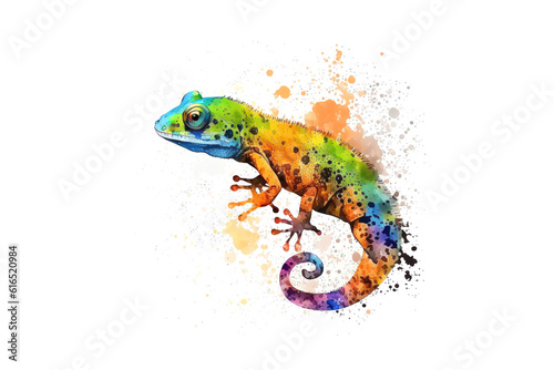 chameleon drawn with colored watercolors isolated on a white background. Generated by AI.