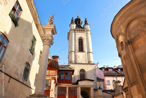 Column of Saint Christopher and Bell tower of Armenian Cathedral in Lviv, Ukraine