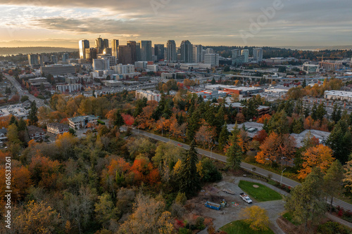 The city of Bellevue Washington during a sunset in Autumn