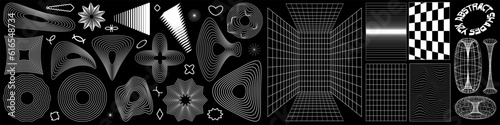 Abstract isolated shapes in y2k style. Retrofuturistic rave psychedelic wireframe, perspective grids and cyberpunk elements. Vector illustration on black background. 