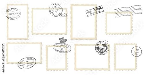 set / collection of postage stamp frames with vintage and antique stamps from various countries isolated over transparency, just place your image underneath and you're set, mail design elements, PNG