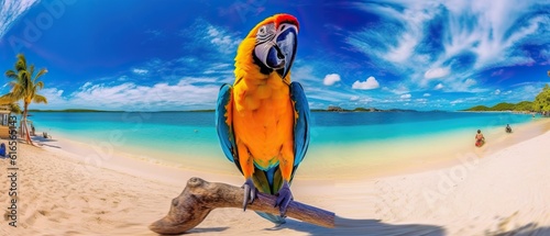Go Pro Shot of a Colorful Parrot standing in front of the Ocean of Rio. Generative AI.