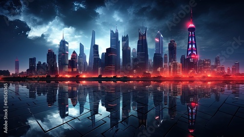 a city skyline with red lights reflecting on water