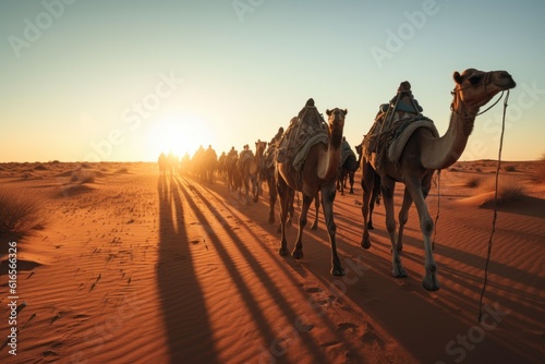 Camel caravan in the desert. Background with selective focus and copy space. AI generated, human enhanced