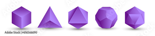 Set of purple vector editable 3D platonic solids isolated on white background. Mathematical geometric figures such as cube, tetrahedron, octahedron, dodecahedron, icosahedron. Icon, logo, button.
