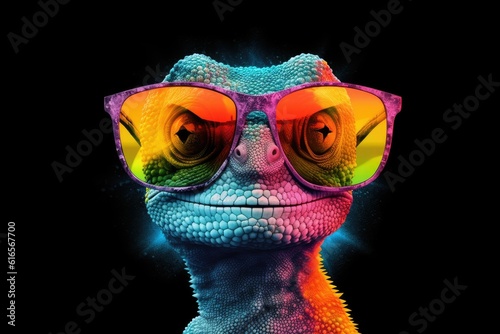 chameleon wearing sunglasses on a solid color background, vector art, digital art, faceted, minimal, abstract. Generative AI.