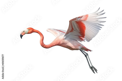 A caribbean flamingo is flying on white background. Wildlife Animals. Illustration, Generative AI.