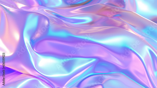 Clear iridescent plastic or holographic iridescent glass foil. Abstract 3d pearlescent gradient drop fluid shape. 3d rendering.