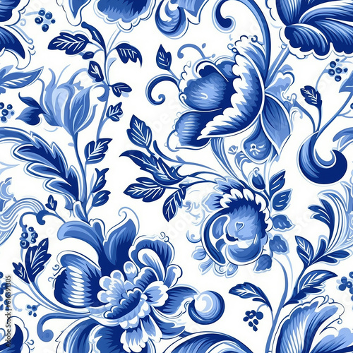 Seamless pattern in Dutch delft blue and white traditional handpainted. Generative AI.