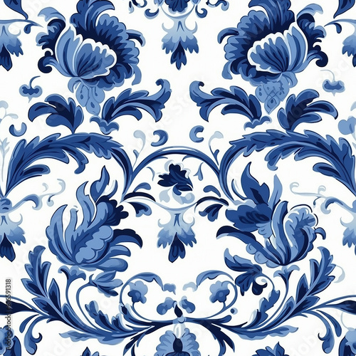 Seamless pattern in Dutch delft blue and white traditional handpainted. Generative AI.