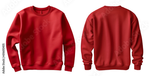Set of red front and back view tee sweatshirt sweater long sleeve on transparent background cutout, PNG file. Mockup template for artwork graphic design